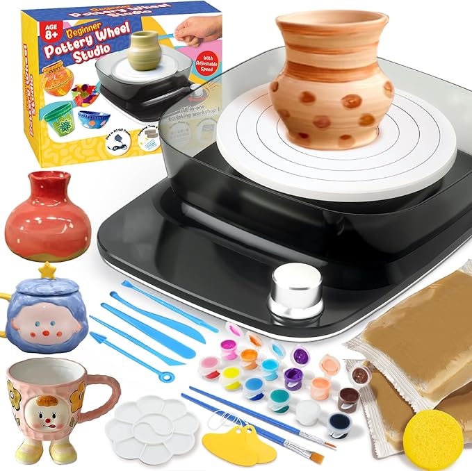 Pottery Wheel for Kids - Complete Pottery Kit & Tools for Beginners, Plug-in Rechargeable Battery, Upgraded Detachable Turntable Adjustable Speed, DIY Clay Maker for Kids 9-12 (Black, Patented)