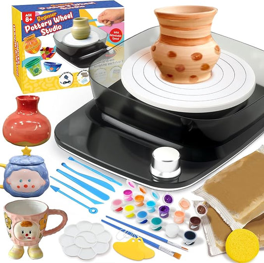 Pottery Wheel for Kids - Complete Pottery Kit & Tools for Beginners, Plug-in Rechargeable Battery, Upgraded Detachable Turntable Adjustable Speed, DIY Clay Maker for Kids 9-12 (Black, Patented)