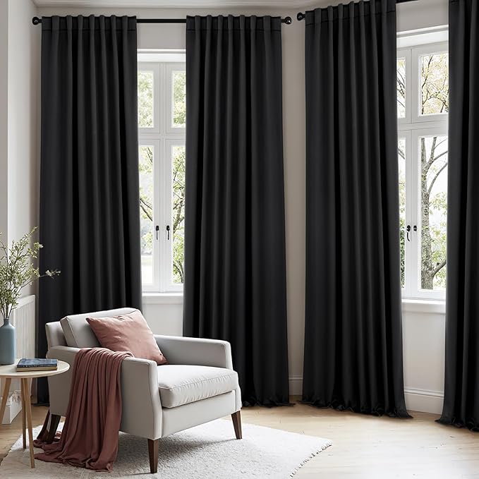 ANRODUO Back Tab Blackout Curtains for Bedroom Living Room, Rod Pocket Pinch Pleated Thermal Insulated Room Darkening Curtains 96 Inches Long 2 Panels, Black, 52 x 96 Inch