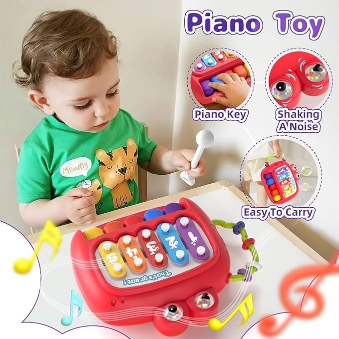 5 in 1 Baby Toy for 12 18 Month, Learning Toys for Babies 12-18 Months, Baby Busy Cube, Stacking&Sensory, Pull String&Piano Xylophone Toy, Birthday Gift for 12+ Month