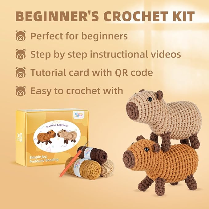 MOREJMTT Crochet Kit for Beginners, Learn to Crochet, Include Easy Knitting Soft Yarn, Step-by-Step Video Tutorial, Hook, Holiday Birthday Gift for Adults and Kids(2 Pack Capybara)