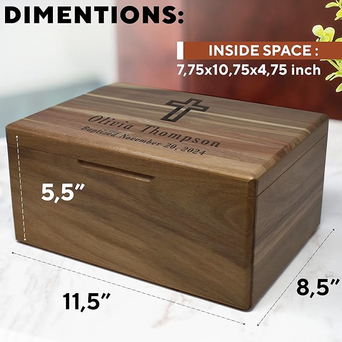 First Communion Box Acacia Wood - Personalized Baptism Gift for Boys, Christening Storage for Baby, Personalized Baptism Gifts for Girls, Engraved Confirmation Keepsake Box w/ Name 11.5 x 8.5 x 5.5 in