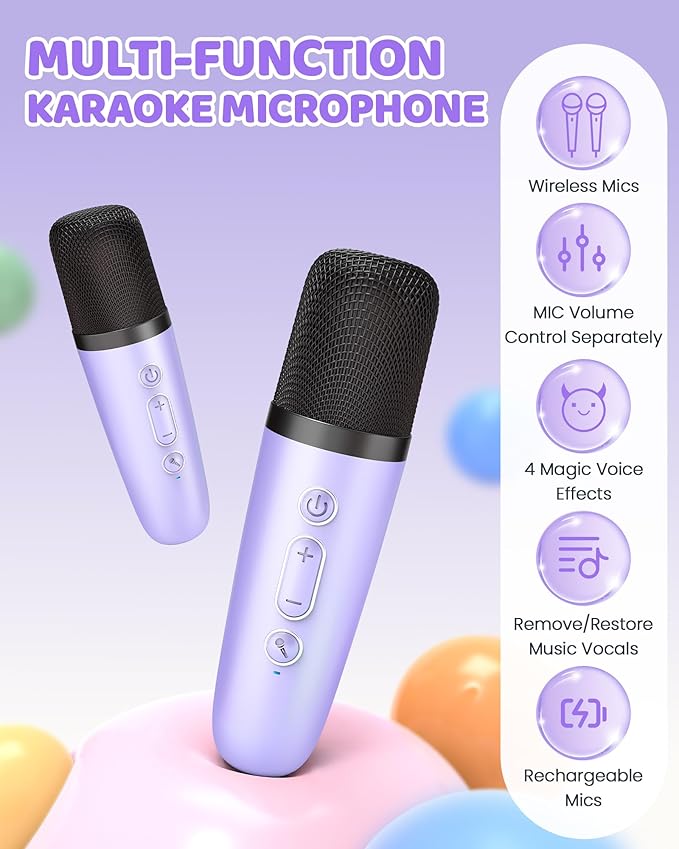 YLL Mini Karaoke Machine for Kids Adults: Portable Loud Speaker with 3 Wireless Microphones -Most Popular Birthday Party Gifts for Girls Boys 3, 4, 5, 6, 7, 8, 9, 10,11+ Year Old Toys (Purple-3 Mics)