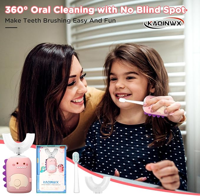 Kids U Shaped Electric Toothbrush for Age 2-12, Rechargeable Toddler Toothbrush with Smart Timer & 3 Clean Modes, Dinosaur Design, IPX7 Waterproof, 3 Brush Heads & 360°Cleaning