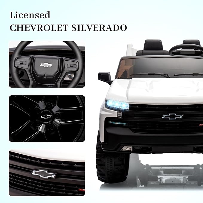 Hetoy 24V 2-Seater Truck Licensed Chevrolet Silverado Ride On Car Toy w/Parent Remote Control,4xSpring Suspension, 3 Speeds, Wireless Music, MP3 Player, Electric Vehicle Car for Kids, White