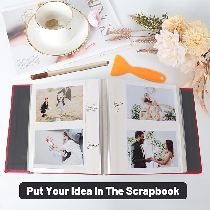 RECUTMS Photo Album Self Adhesive Magnetic Scrapbook 4x6 5x7 8x10 Pictures Scrapbook Album, 40 Pages Photo Book for DIY Baby Family Wedding with Metal Pen and Plastic Board (Red)