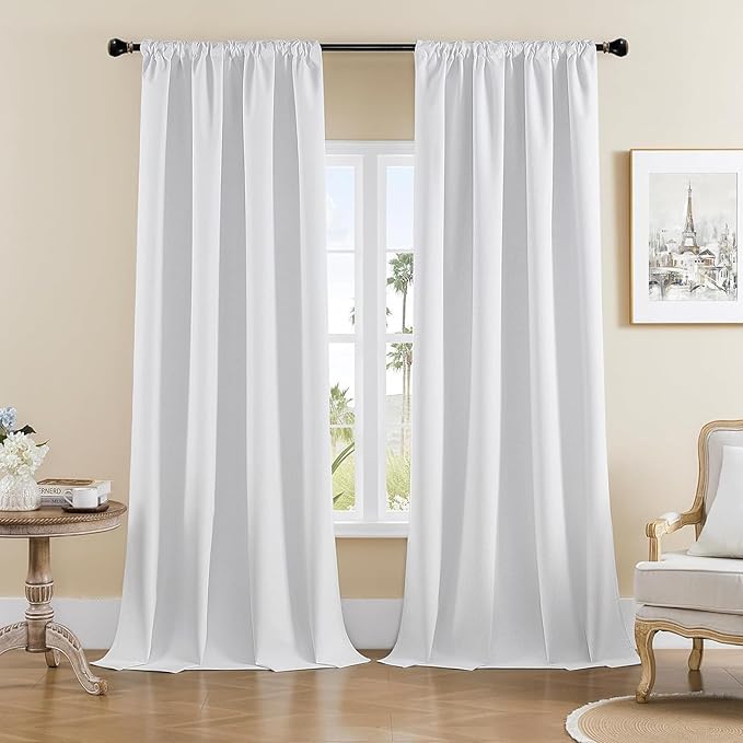 Joydeco Faux Linen Blackout Curtains for Bedroom,White Blackout Curtains 120 inches Long,100% Blackout Solid Thermal Insulated Window Drapes Luxury Decor for Living Room（W52xL120 Inch,White）