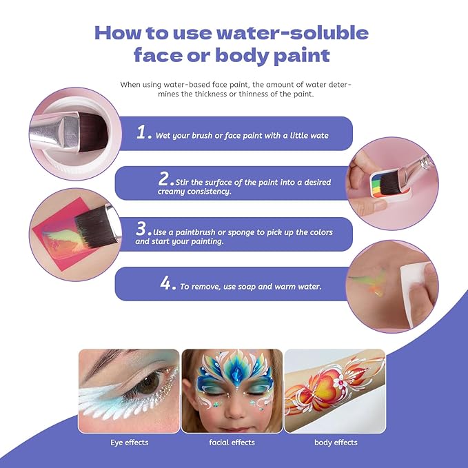 Pintada 120g Large Capacity Face Painting Kit for Kids - 12 x 10g Non Toxic Water Activated Face Paint Palette with Brush, Stencils, Gems, Sponges. For Halloween , Carnival, Party, Festivals & Events.