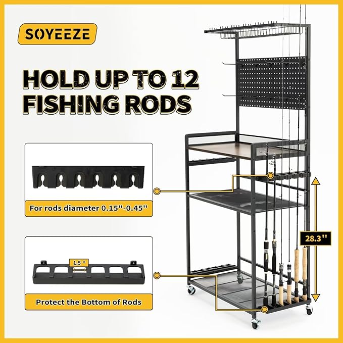 SOYEEZE Fishing Rod Holders for Garage,Fishing Gear Holder for Fishing Rod Tackle Box Storage，Fishing Pole Holders for 12 Rods with Hooks and Pegboard,Fishing Cart with Reel Rack
