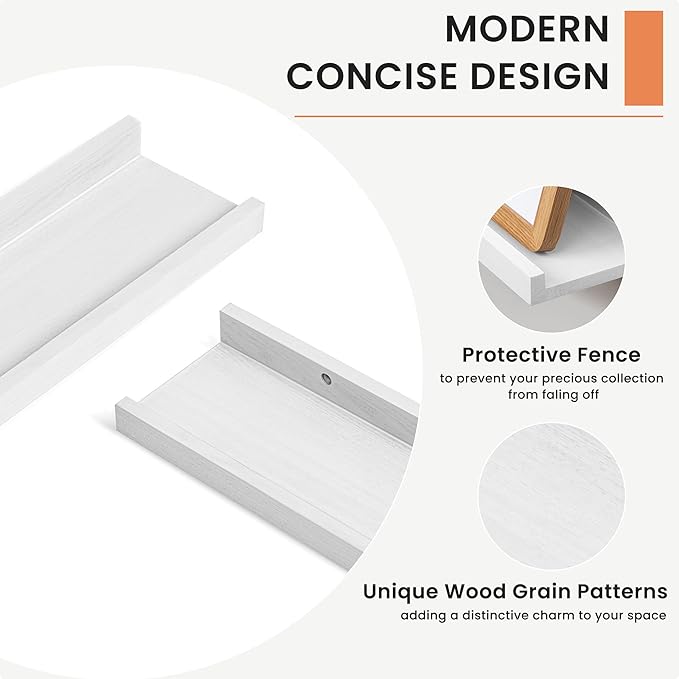 Solid Ash Wood Picture Ledge Shelf, 24 Inch Floating Shelves with Lip Set of 2, Photo Ledge Shelf Nursery Bookshelf Wall Mounted for Living Room Bedroom Decor, White