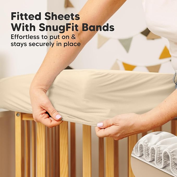 Waterproof Crib Mattress Protector Cover Fitted - 2-Pack Quiet Baby Crib Mattress Pad Sheets, 52" x 28" Soft Quilted Cotton Baby Sheet, Machine Washable, Easy Fit, Durable (Khaki/Mavy)