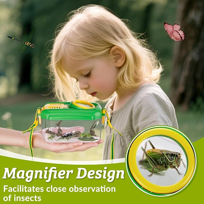 2 Set Bug Catcher for Kids- Educational Bug Catching Kit Including Butterfly Net, Insect Clip, Tweezer, Outdoor Toys for Kids Ages 3-10 (Pink & Green)