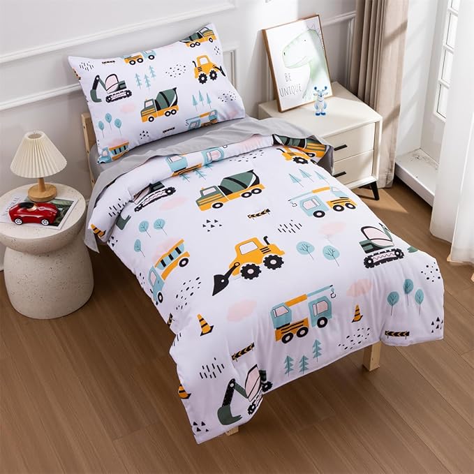 NTBED 4 Pieces Construction Toddler Bedding Set for Baby Boys,Tree Truck Vehicles Excavator Cars Printed, Includes Comforter, Flat Sheet, Fitted Sheet and Pillowcase,Light Green