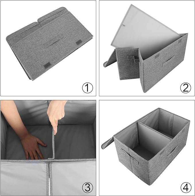 2 Pack Storage Boxes with Lids and Handles, Collapsible Linen Storage Bins Organizer Containers Baskets Cube with Removable Divider for Home Bedroom Closet Office (Cream, Large)