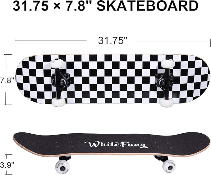 WhiteFang Skateboards for Beginners, Complete Skateboard 31 x 7.88, 7 Layer Canadian Maple Double Kick Concave Standard and Tricks Skateboards for Kids and Beginners