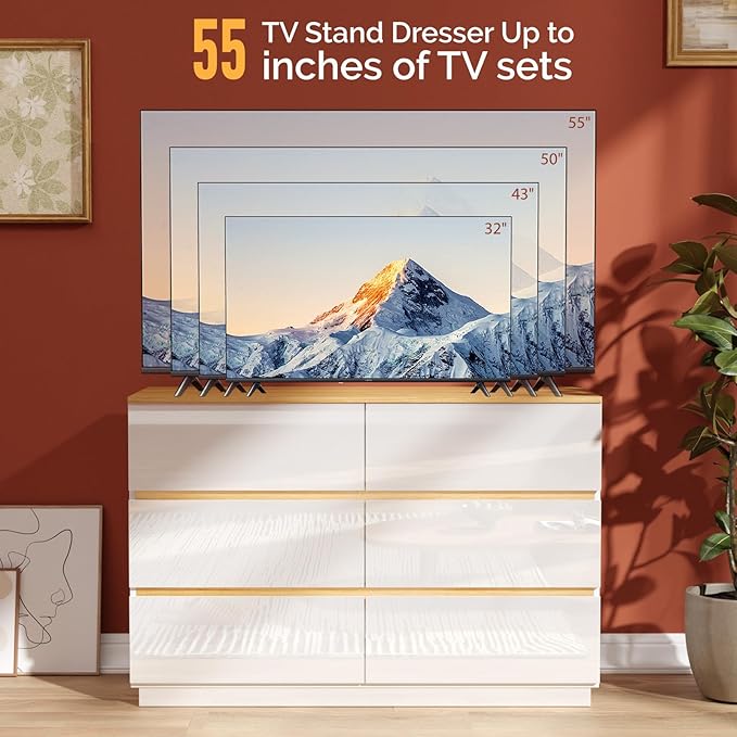 VINGLI White Dresser High Gloss Chest of Drawers, 6 Drawer Dresser for Bedroom, Modern Dressers Wood, Brown Top, 47.2" W x 15.75" D x 31.5" H