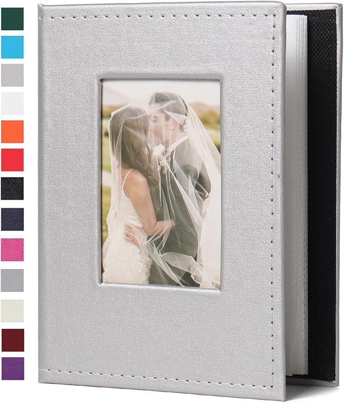 RECUTMS Photo Album 4x6 Photos - 52 Photos Small Mini Capacity Premium Leather Cover, Photo Album for Family Wedding Anniversary Vacation Traveling (Silver)