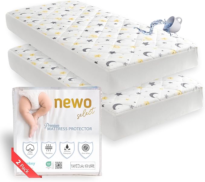 Waterproof Crib Mattress Protector Sheets,%100 Cotton Fabric, Absorbent Crib/Toddler Mattress Protector, Quilted, Certified, Noiseless Machine Wash, Moon&Star Pattern 52"x28" (Small Single, 1, Pack)