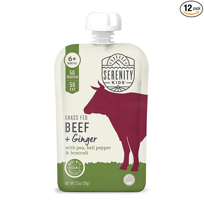 Serenity Kids 6+ Month Organic Beef & Veggie Baby Food Pouches - Grass-Fed Beef with Organic Pea, Bell Pepper & Broccoli - BPA-Free Baby Puree Pouch - 3.5 Oz, 12 Pack