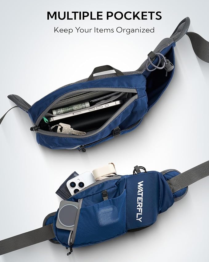 WATERFLY Fanny Pack Waist Bag: Hiking Water Bottle Holder with Strap Waist Pack for Women Men Hydration Hip Packs for Running Walking Traveling-Blue