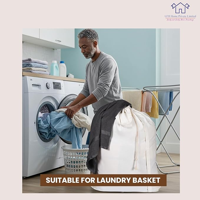 LFH Home Cotton Canvas Extra Large Laundry Bag with Handle, Stylish Drawstring Heavy Duty Laundry Bags For Travel, Home, Hotel, College Dorm and Camp Storage Bag 24x36 Inch, Machine Washable - White