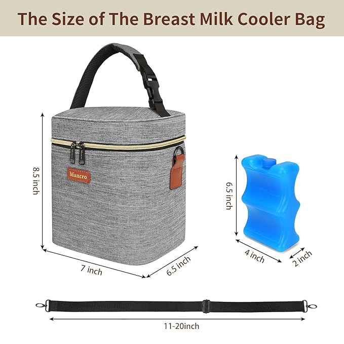 Mancro Insulated Breastmilk Cooler Bag Fits 4 Baby Bottles Up to 9 Ounce，Compact Baby Bottle Travel Bag with Ice Pack for Nursing Mom, Grey