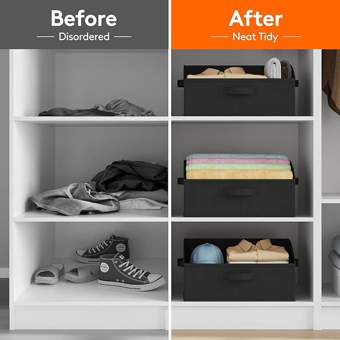 Lifewit Storage Baskets for Shelves, 6 Packs Non-woven Fabric Trapezoid Closet Organizer Bins with Handles, Foldable Clothing Containers Box for Clothes, Toy, Towel, Book, DVD, Hats, Medium-Black