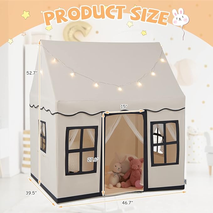 INFANS Kids Play Tent with Washable Mat Star Light Windows, Anti-Trip Large Playhouse Toys for Children Boys Girls, Indoor Outdoor Princess Tents Castle for Toddlers (Black)