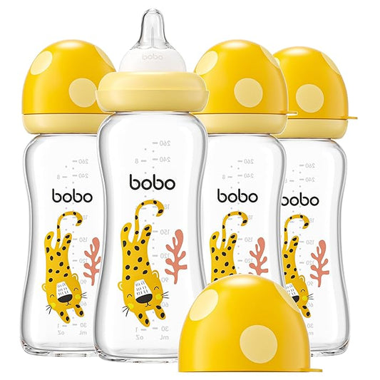 YOHKOH Natural Glass Baby Bottle with Natural Response Nipple, Newborn Anti-Colic Baby Bottles, Wide Neck Mushroom Cap Baby Bottle, Clear (8.8ounce (Pack of 4), Yellow2)