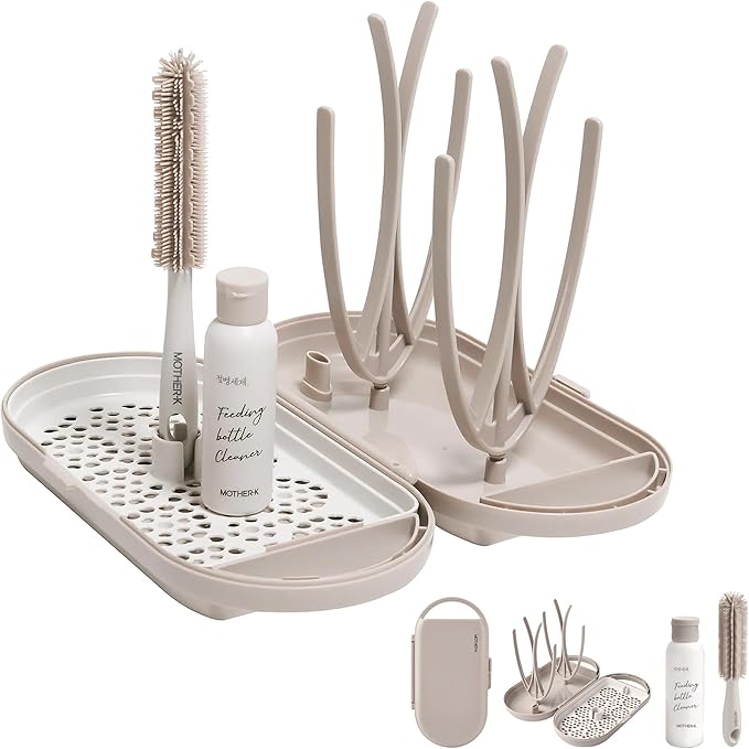MOTHER-K Travel Baby Bottle Drying Rack Set - Baby Bottle Cleaner Kit with Cleanser and Mini Silicone Bottle Brush, Portable Bottle Drying Rack for Home and Travel (Cream Mocha)