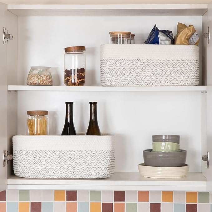 Storage Baskets for Organizing 3 Pack, Woven Baskets for Shelves, Closet Organizer Bins Empty Gift Basket Toy Storage for Toys, Books, Towels, Clothes, 15"x11.42"x6.7", White & Black