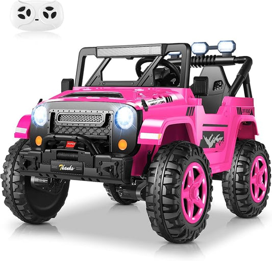 Hikole 24V 2 Seater Ride on Cars for Kids - Remote Control, 20" Spacious Seat, 4WD/2WD Switchable Electric Car with LED Lights, Bluetooth, 3 Speeds, Ride on Toys for Kids 3-8, Hot Pink