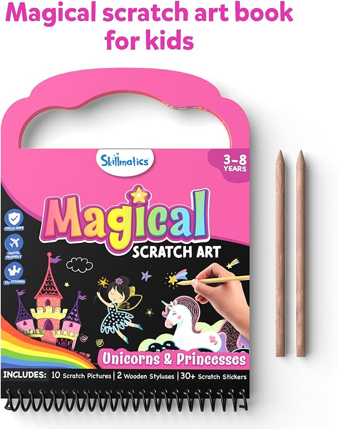 Skillmatics Scratch Art Book for Kids - Unicorns & Princesses, Craft Kits & Supplies, 30+ Scratch Stickers, Travel Toys, DIY Kit, Gifts for Girls & Boys Ages 3, 4, 5, 6, 7, 8