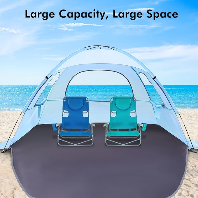 WhiteFang Beach Tent Anti-UV Portable Sun Shade Shelter for 3/4/6/8 Person, Extendable Floor with 3 Ventilating Mesh Windows Plus Carrying Bag, Stakes and Guy Lines