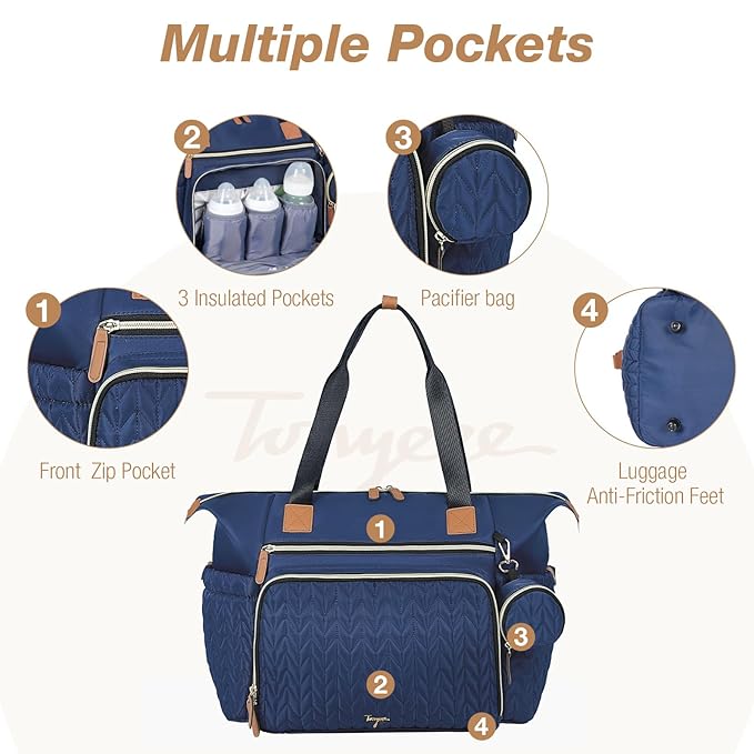 Diaper Bag Tote, Large Baby Diaper Bags Waterproof, Hospital Bag for Labor Delivery with Pacifier Case, Changing Pad, Shoulder Strap, Dark Blue