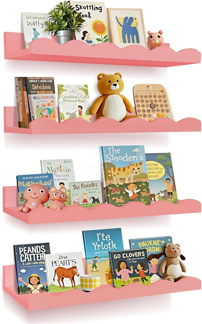Nursery Book Shelves, 4 Pack Pink Floating Shelves for Wall, Wood Scalloped Shelves for Storage Books, Wall Book Shelf for Kids Rooms, Bedroom, Toddler Room, Baby Room, Nursery Decor