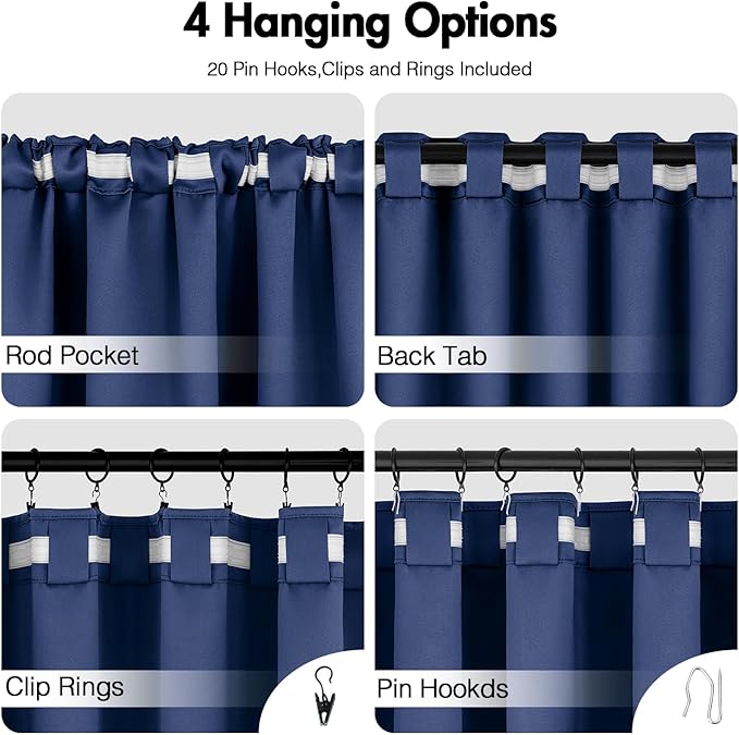 ANRODUO Back Tab Blackout Curtains for Bedroom Living Room, Rod Pocket Pinch Pleated Thermal Insulated Room Darkening Curtains 72 Inches Long 2 Panels, Navy Blue, 42 x 72 Inch
