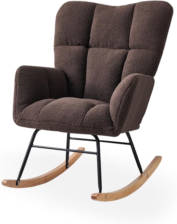 Nursery Rocking Chair, Teddy Upholstered Glider Rocker with High Backrest Armchair, Modern Rocking Accent Chairs for Nursery, Living Room, Bedroom, Offices (Brown)