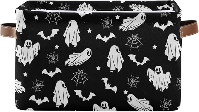 Collapsible Storage Basket Bin Happy Halloween Organizer Cube with Handle, Canvas, Black