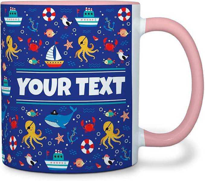 Personalized Mug for Kids - Nautical - Custom Name/Text, Ceramic Hot Chocolate/Cocoa/Coffee Cup for Boys/Girls, Birthday/Christmas/Holiday Gift - 11 oz, Pink Handle