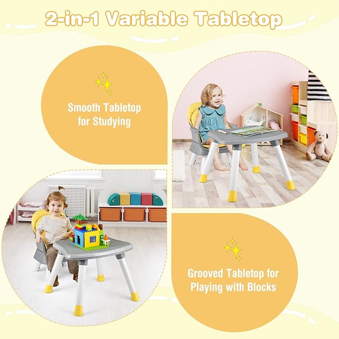 HONEY JOY 8 in 1 Baby High Chair, Convertible Highchair for Babies and Toddlers/Table and Chair Set/Building Block Table/Booster Seat/Stool/Toddler Chair with Safety Harness(Yellow)