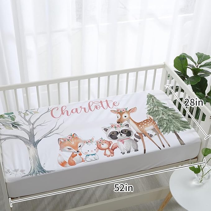 Personalized Nursery Crib Bedding Set: Custom Name 5 Piece Baby Crib Sets with Cute Sika Deer & Fox Pattern - Toddler Double Layer Blanket Set, Comfortable Crib Bed Sheets for Baby Grils