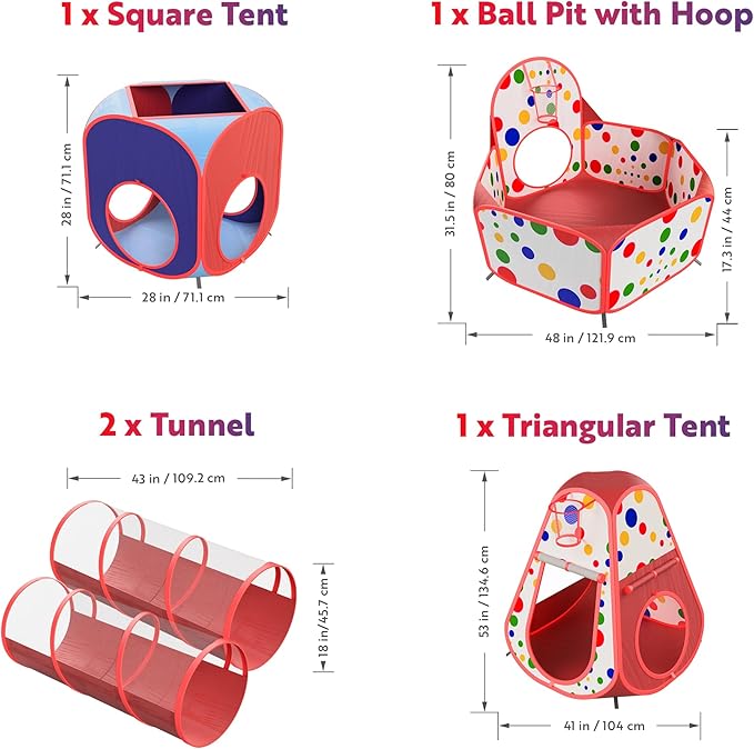 Playz 5-Piece Kids Play Tents Crawl Tunnels and Ball Pit Popup Bounce Playhouse Tent with Basketball Hoop for Indoor and Outdoor Use with Red Carrying Case