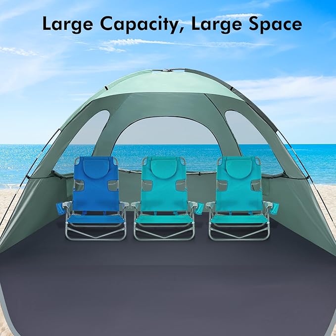 WhiteFang Beach Tent Anti-UV Portable Sun Shade Shelter for 3/4/6/8 Person, Extendable Floor with 3 Ventilating Mesh Windows Plus Carrying Bag, Stakes and Guy Lines