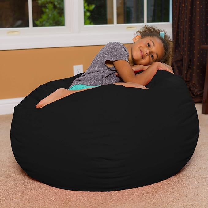 Posh Creations Bean Bag Chair Round EPS Filled Seat for Toddlers and Kids, Comfy Chair for Children, Large 38 Inch, Nylon - Solid Black