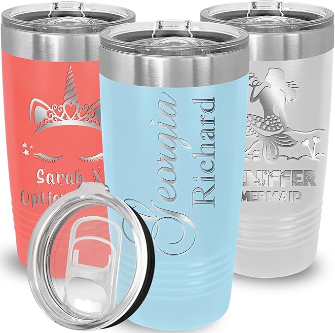 Personalized Tumbler, Custom Travel Coffee Mug, Laser Engraved Insulated Double Wall Stainless Steel Coffee Mug, Gift for Her, Closing Lid Included (Light Blue, 20oz)