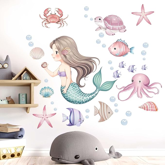 Mermaid Wall Stickers for Girls Bedroom: Peel and Stick Under The Sea Turtle Marine Ocean Fish Starfish Shell Wall Decals - Baby Nursery Girl Room Toddler Room - Kids Supplies Ages 1-12 Year