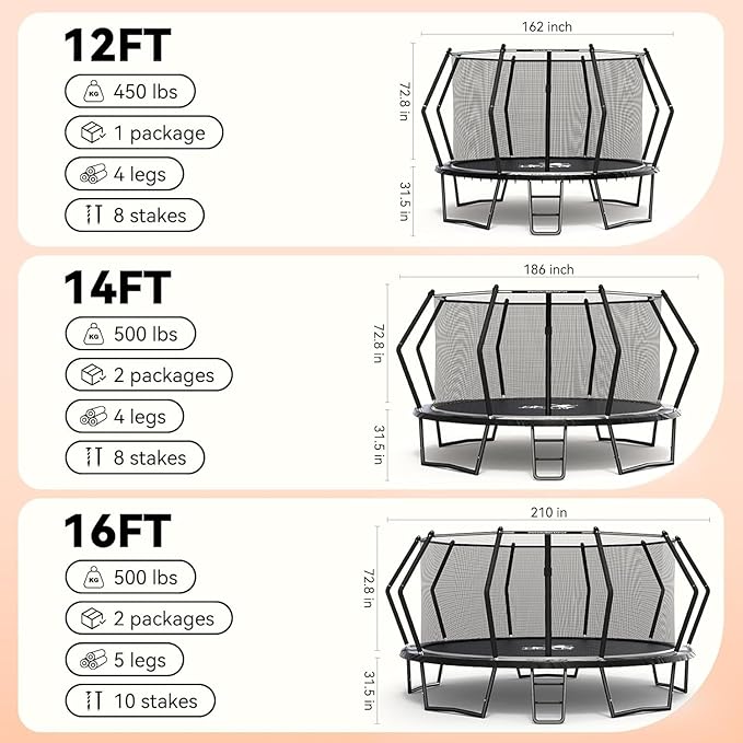 BCAN 8FT 10FT 12FT 14FT 15FT 16FT Recreational Trampoline with Enclosure for Kids Adults, ASTM Approved, Outdoor Trampolines with Ladder for Kids