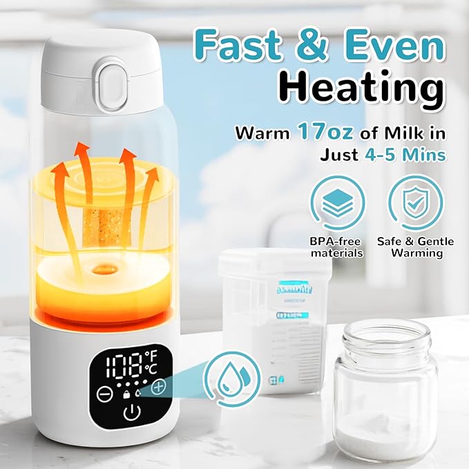 Portable Milk Warmer for Travel,Formula Container to Go 17oz Baby Bottle Warmer with 11000mAh Long Battery Fast Heating,Cordless Milk Warmer for on The go for Breast Milk and Formula, Baby Milk Warmer
