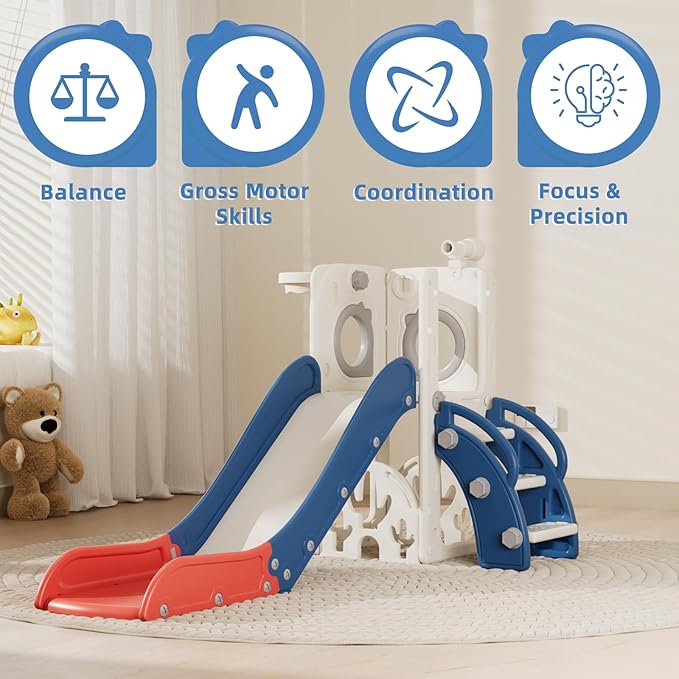 KORIMEFA 7 in 1 Toddler Slide, Kids Slide for Toddlers Baby 1-3 Years Old, Indoor and Outdoor with Basketball Hoop & Golf Set, Plastic Slides for Kids Easy Assembly, Blue